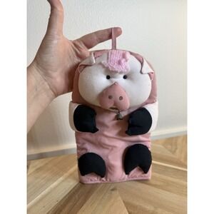VTG Pink Plush Piggy w/bell Hanging Potholder‎ Cottagecore Farmhouse Adorable